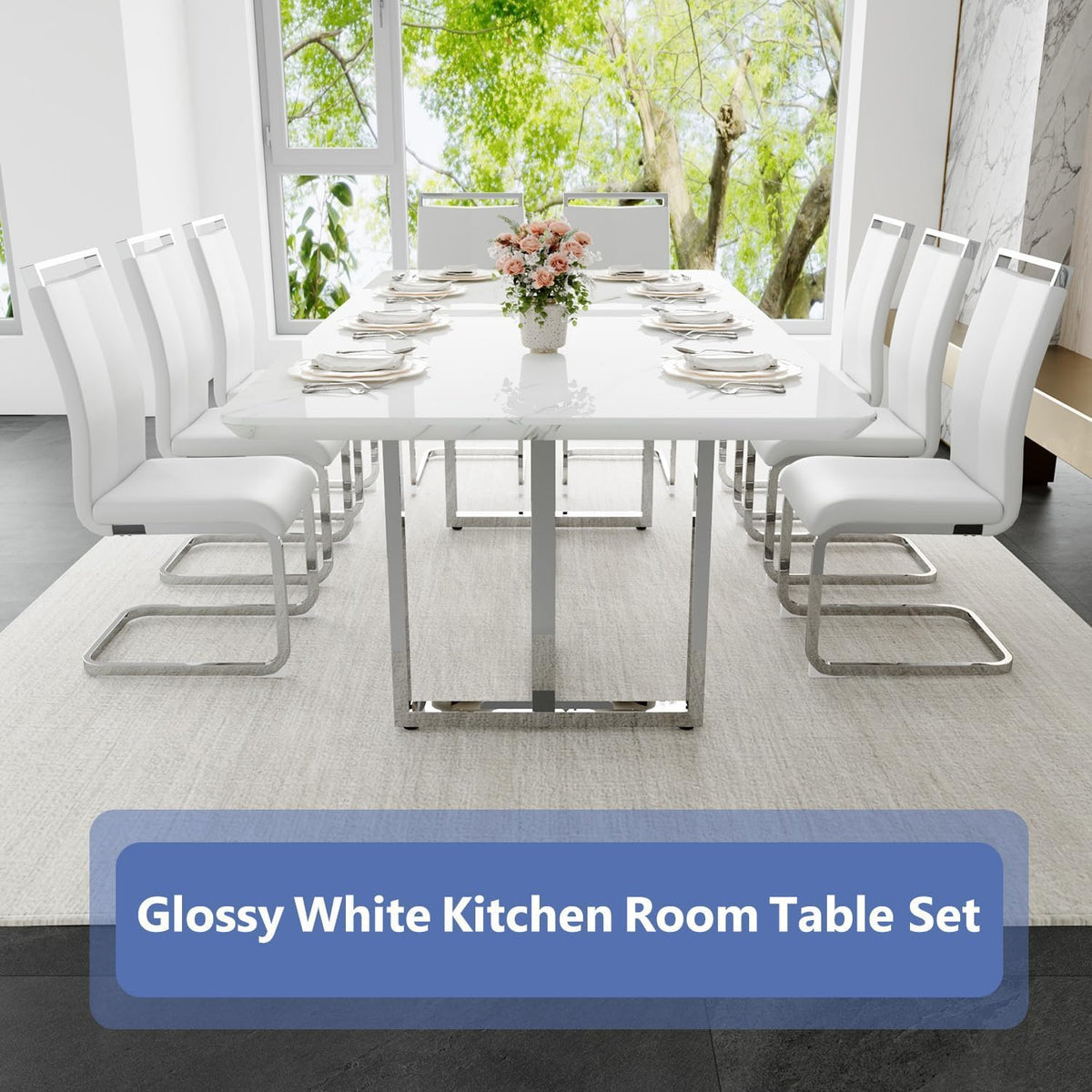 JUFU 9 Piece Dining Table Set for 8, 79 Inch Faux Marble Dining Room Table Set with 8 PU Leather Chairs, Modern Rectangular Kitchen Table and Chairs Set for Large Dining Room, Kitchen