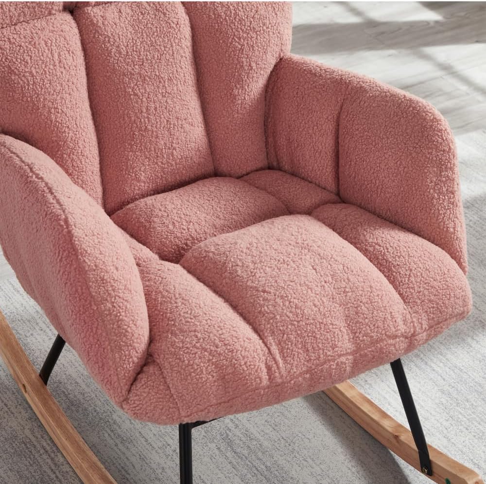 Tufted Upholstered Teddy Fabric Glider Rocking Chair with Metal Frame, Ergonomic Accent Chair for Living Room, Bedroom, and Leisure Spaces (Pink + Teddy)