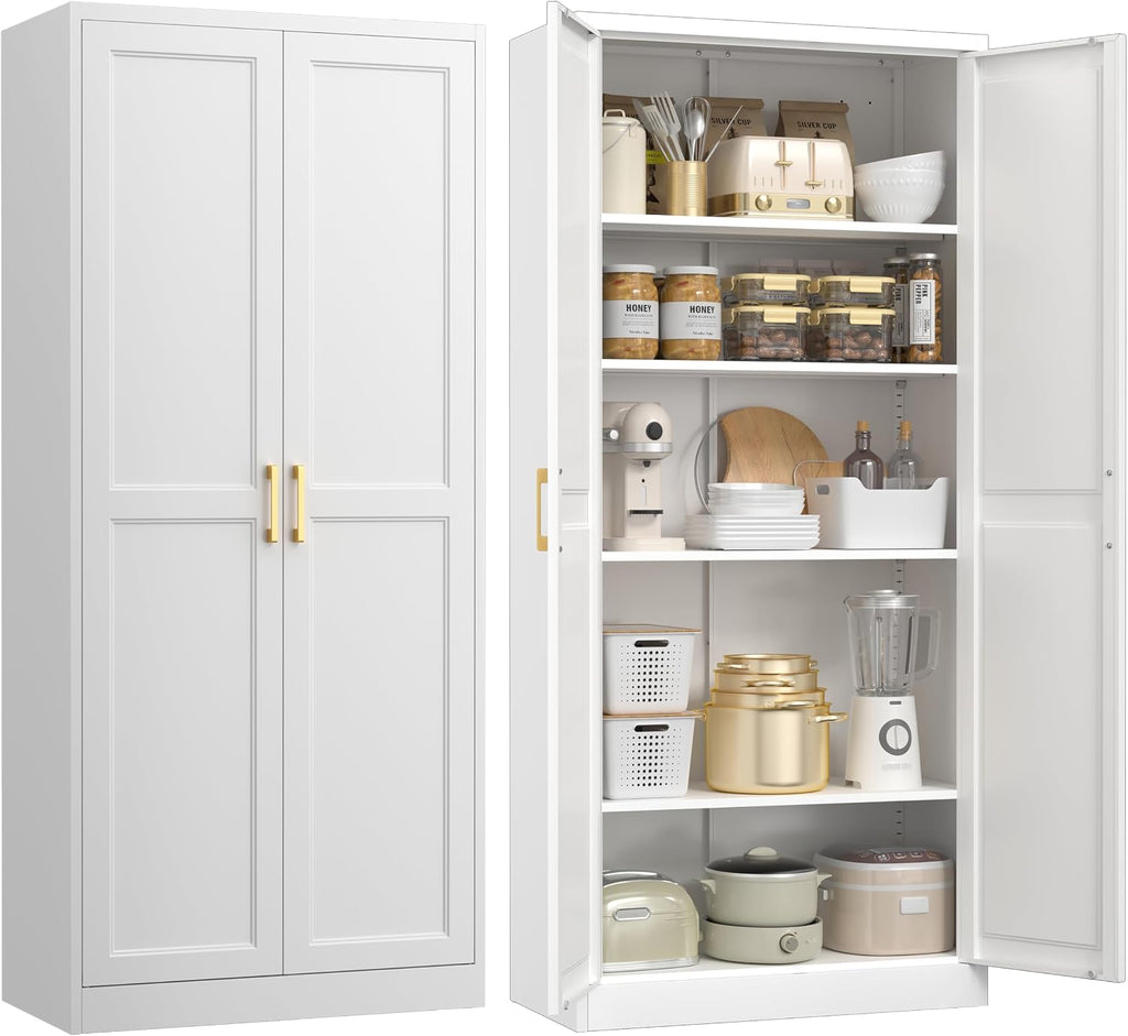 UNICOLY 71" Kitchen Pantry Cabinet, Pantry Storage Cabinet with Doors and 4 Shelves, Metal Storage Cabinets for Kitchens, Living Room, Dinning Room, Assembly Required, White