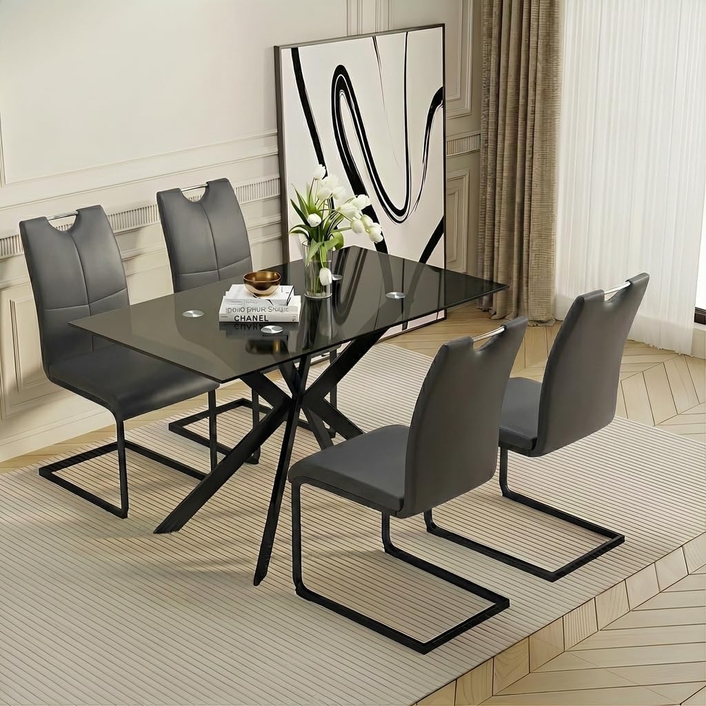 51.18" W Glass Dining Table Set for 4, Modern Rectangular Glass Kitchen Table with Black Table-top, 4 PU Leather Chairs with Black Legs, for Dining Room, Home - Dark Grey