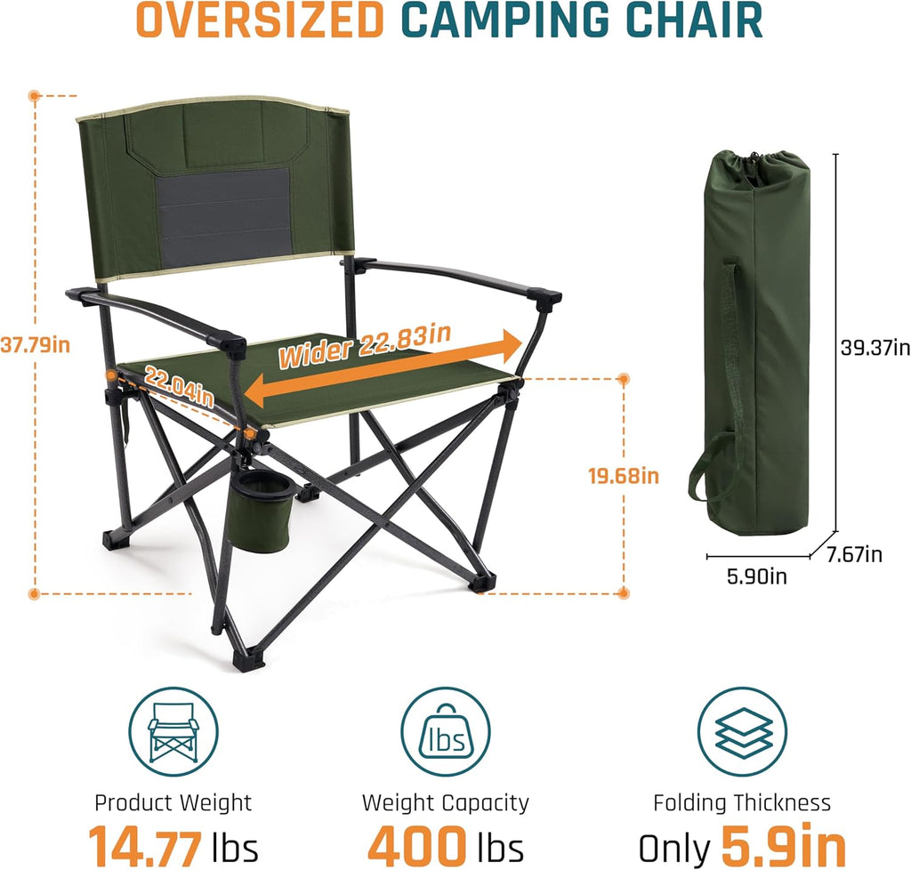 2 Pack Oversized Heavy Duty Camping Chairs for Adults 400LBS Capacity | Portable Folding Lawn Chair with Airflow Backrest, Durable Steel Frame, Cup Holder, Carry Bag for Outdoor, Sports, Fishing