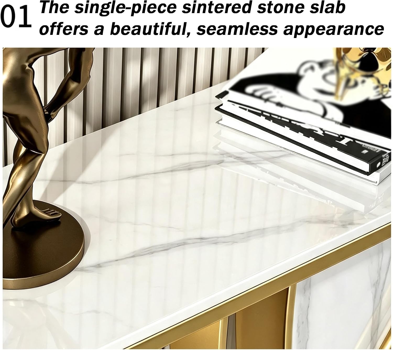 Zfmnoyev Entryway Table Console Hallway Table | Living Room Sofa Table with Rock Top and Metal Base, Modern Narrow Accent Table(Gold-A,100x30x80cm)