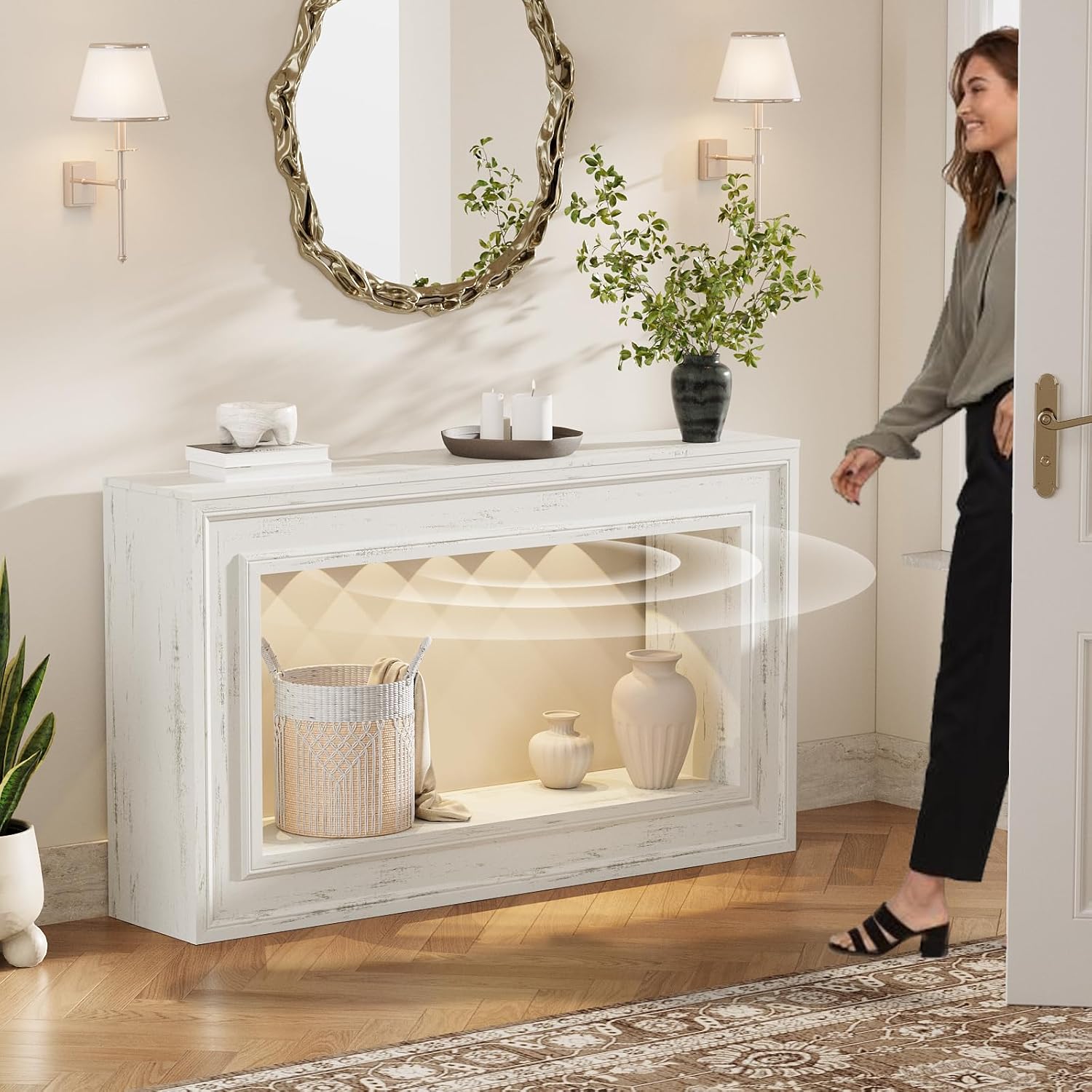 Rresyet 55" Narrow Entryway Console Table with LED Lights & Storage, White