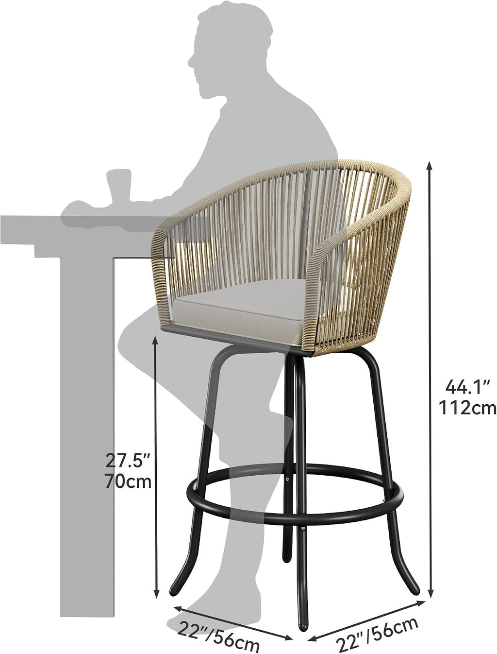 YITAHOME 27" Bar Stools Set of 4 with Arms & Cushions, 360° Swivel Outdoor Bar Stools, All Weather Counter Height Bar Stools Set of 4 with Curved Back for Backyard, Kitchen Island, Dining Room, Beige