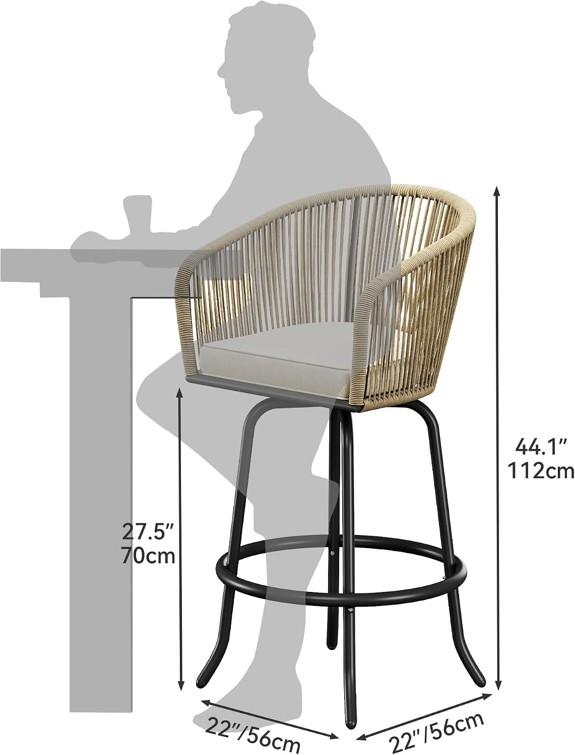 YITAHOME 27" Bar Stools Set of 4 with Arms & Cushions, 360° Swivel Outdoor Bar Stools, All Weather Counter Height Bar Stools Set of 4 with Curved Back for Backyard, Kitchen Island, Dining Room, Beige