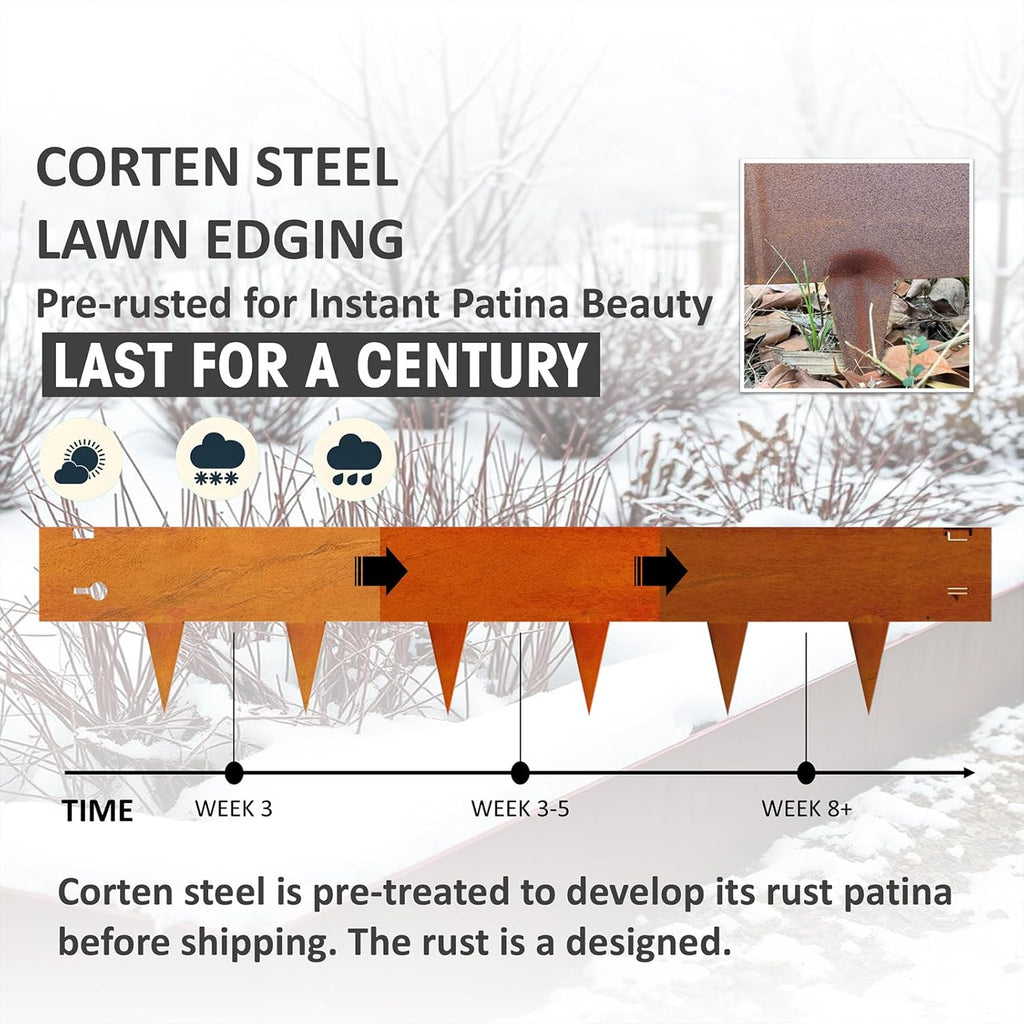 20ft (6-Pack) Cor-Ten Steel Landscape Edging – 40" x 8" Flexible Pre-Applied Rust Patina Garden Border