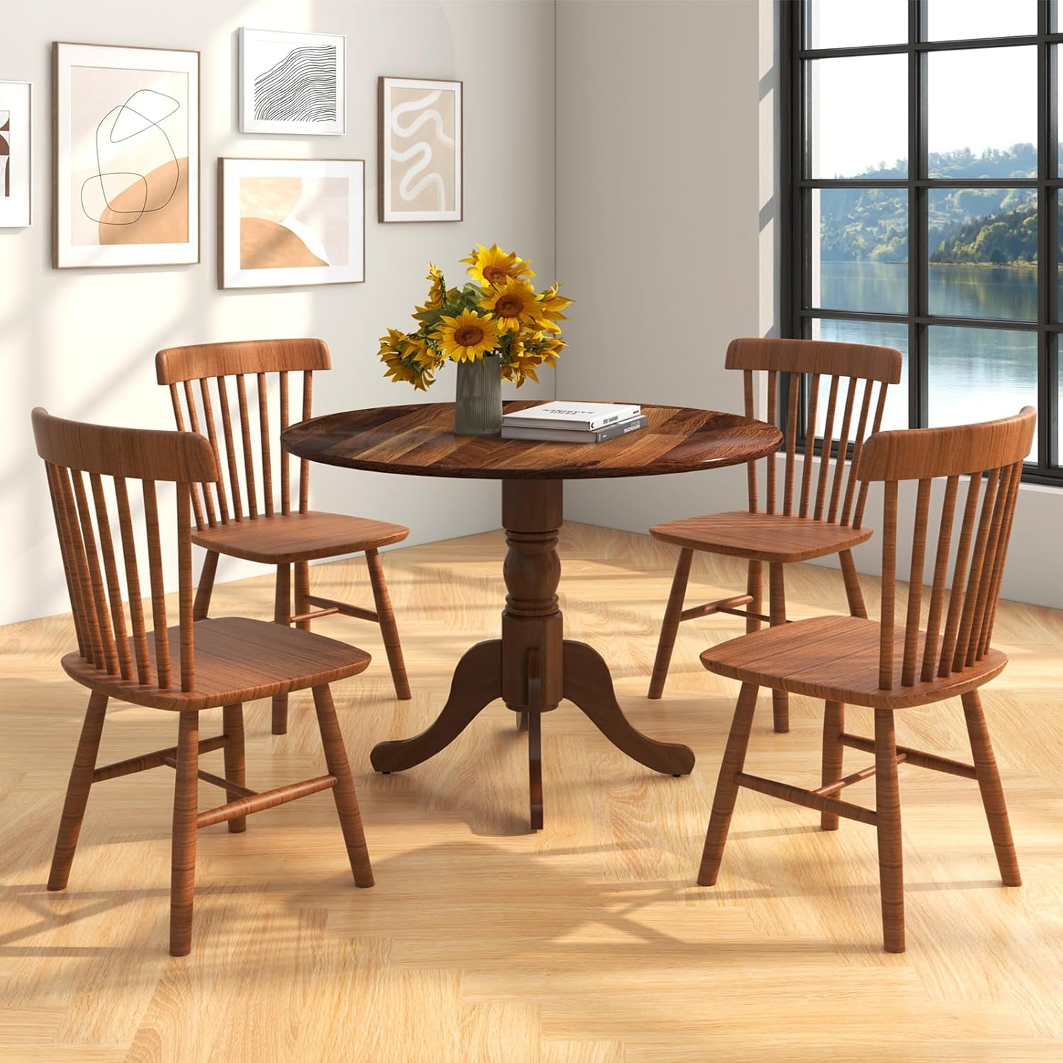 Giantex 39-Inches Round Rubber Wood Dining Table for 4 with Legs, 220 Lbs Capacity, Kitchen Table for Dining Room, Living Room, Restaurant, Dinner, Dinette (Walnut)