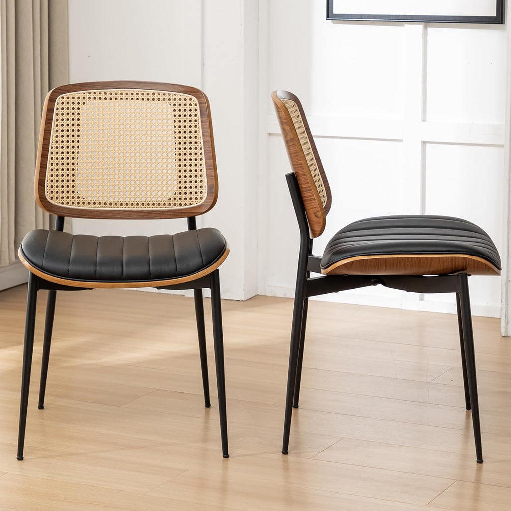 Rattan Dining Room Chairs Set of 4,Mid Century Black PU Leather Kitchen Chairs,Upholstered Seat Metal Legs Chair with Adjustable Foot Pads,Walnut Armless Side Chair