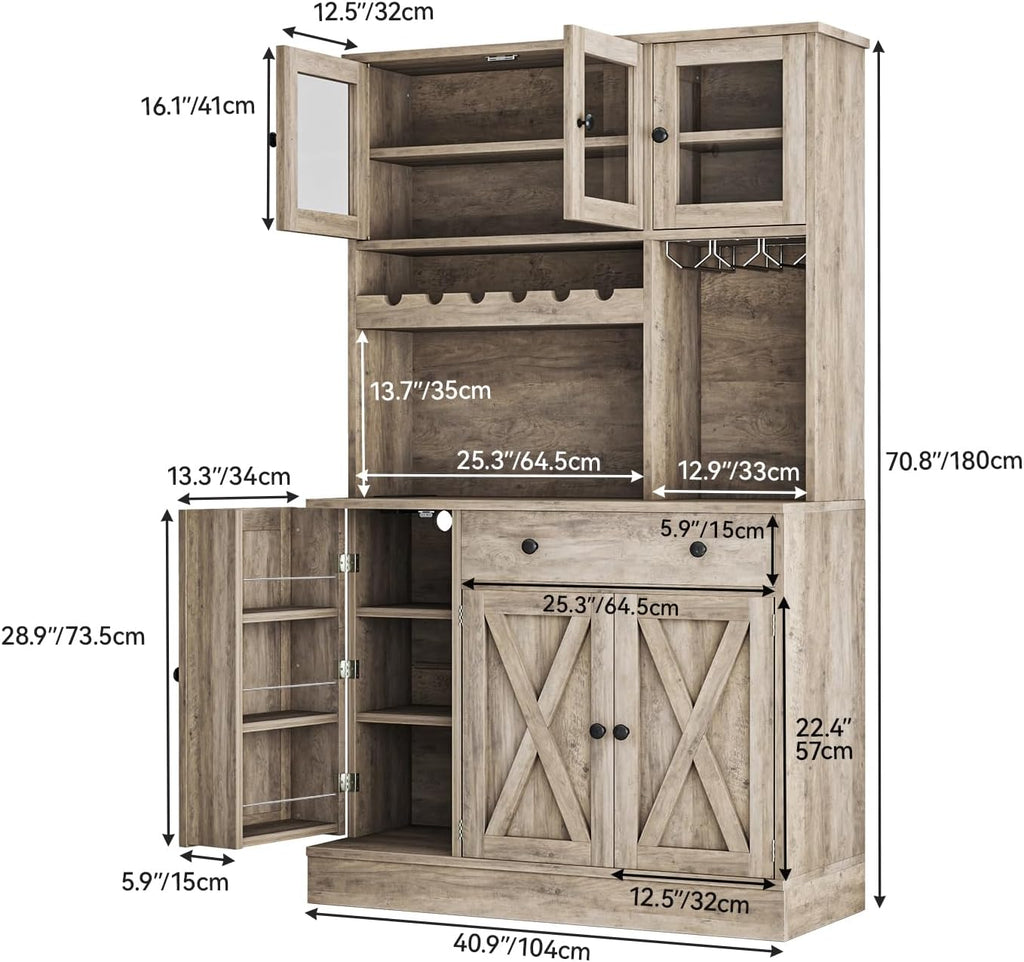 YITAHOME 71''H Kitchen Pantry Cabinet, Grey | Tall Cabinet with Drawer, Doors & Goblet Holder, Wine Rack, Power Outlet, For Kitchen & Living Room