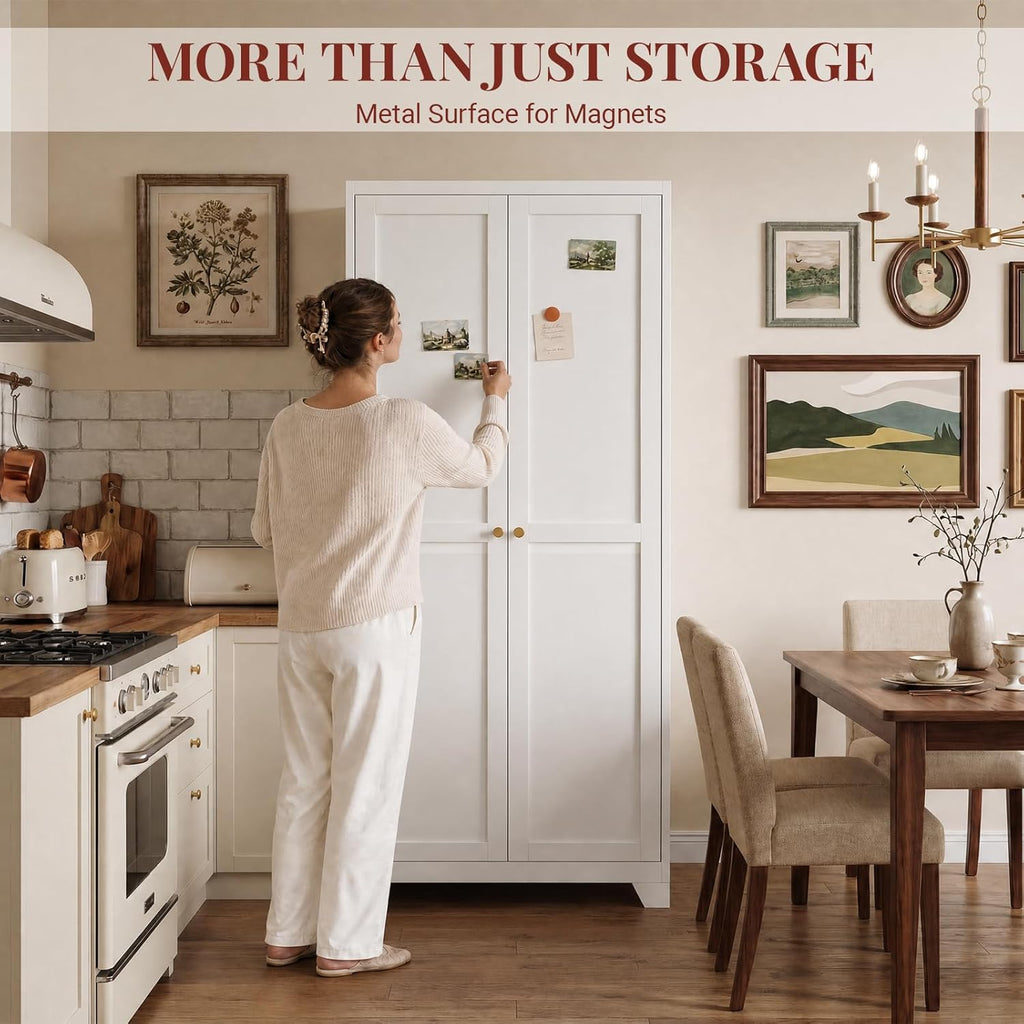 71" Metal Kitchen Pantry Cabinet with Dual Handles & Adjustable Legs, Freestanding Storage Cabinet with Doors and 4 Adjustable Shelves, Tall Food Pantry for Kitchen Dining Room, White