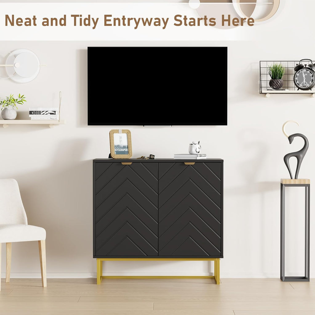 Garvee 31.5 in Modern Sideboard Buffet Cabinet with Storage, Wood Accent Storage Cabinet with Herringbone Doors & Shelf, Credenza Console Table for Dining Room Living Room Entryway, Black