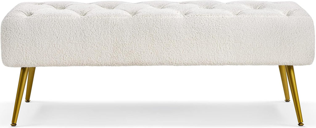 Topeakmart Dining Bench, Button-Tufted Upholstered Bench with Gold Metal Base for Kitchen, Living Room, Entryway - Ivory