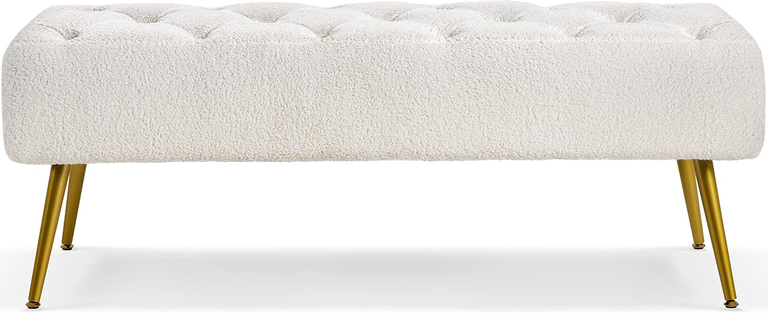 Topeakmart Dining Bench, Button-Tufted Upholstered Bench with Gold Metal Base for Kitchen, Living Room, Entryway - Ivory