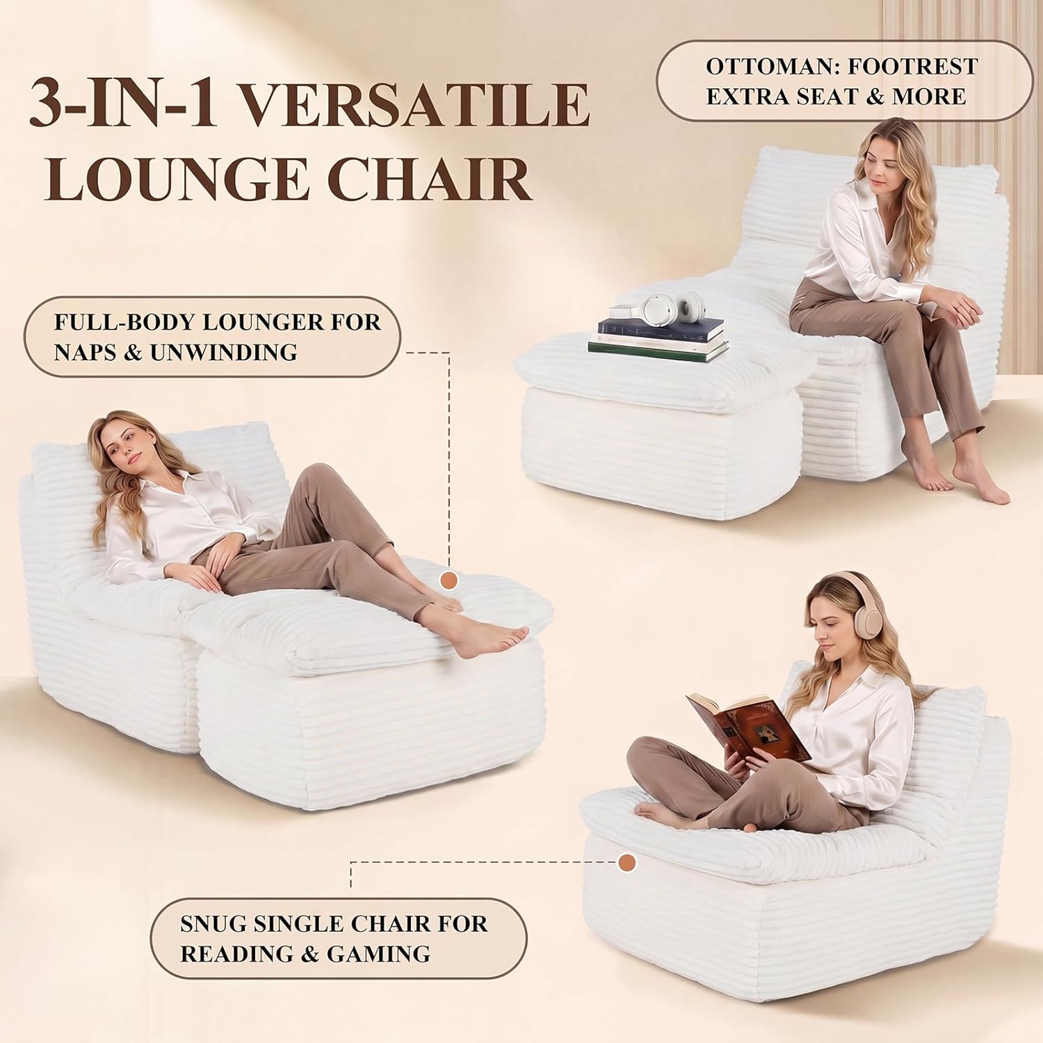 Chaise Lounge Chair, Faux Fur Ergonomic Chair with Ottoman, High Density Memory Foam No Assembly Lazy Sofa, Indoor Leisure Couch for Living Room Bedroom Office Apartment