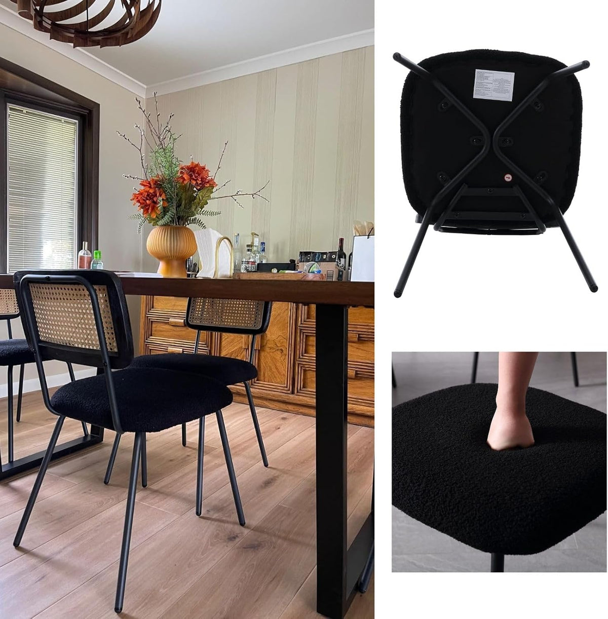 Hyfirm Black Rattan Modern Dining Chairs Set of 4, Armless Side Chairs with Metal Legs for Dining Room/Living Room