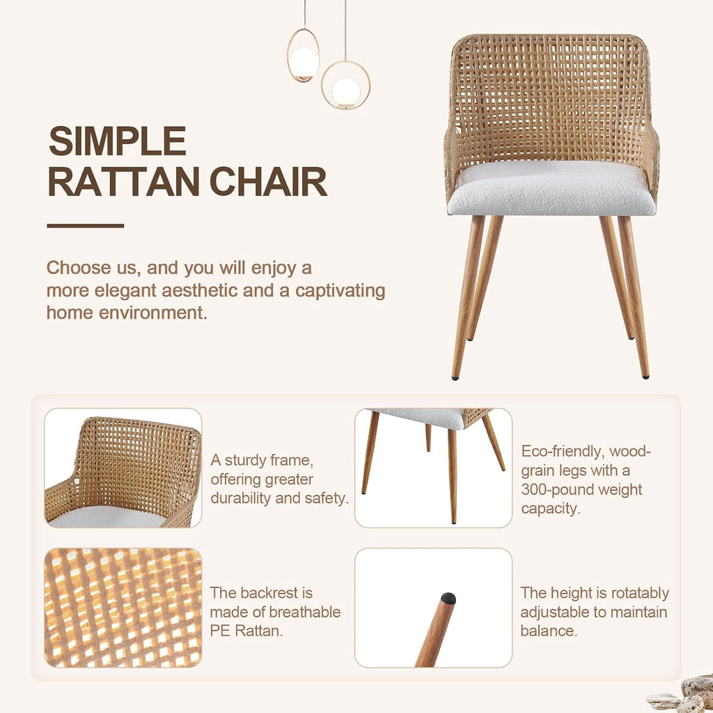 Rattan Dining Chairs Set of 2,Modern Dining Room Chairs with Upholstered Cushion and Metal Legs,Rattan Kitchen Chairs,Brown