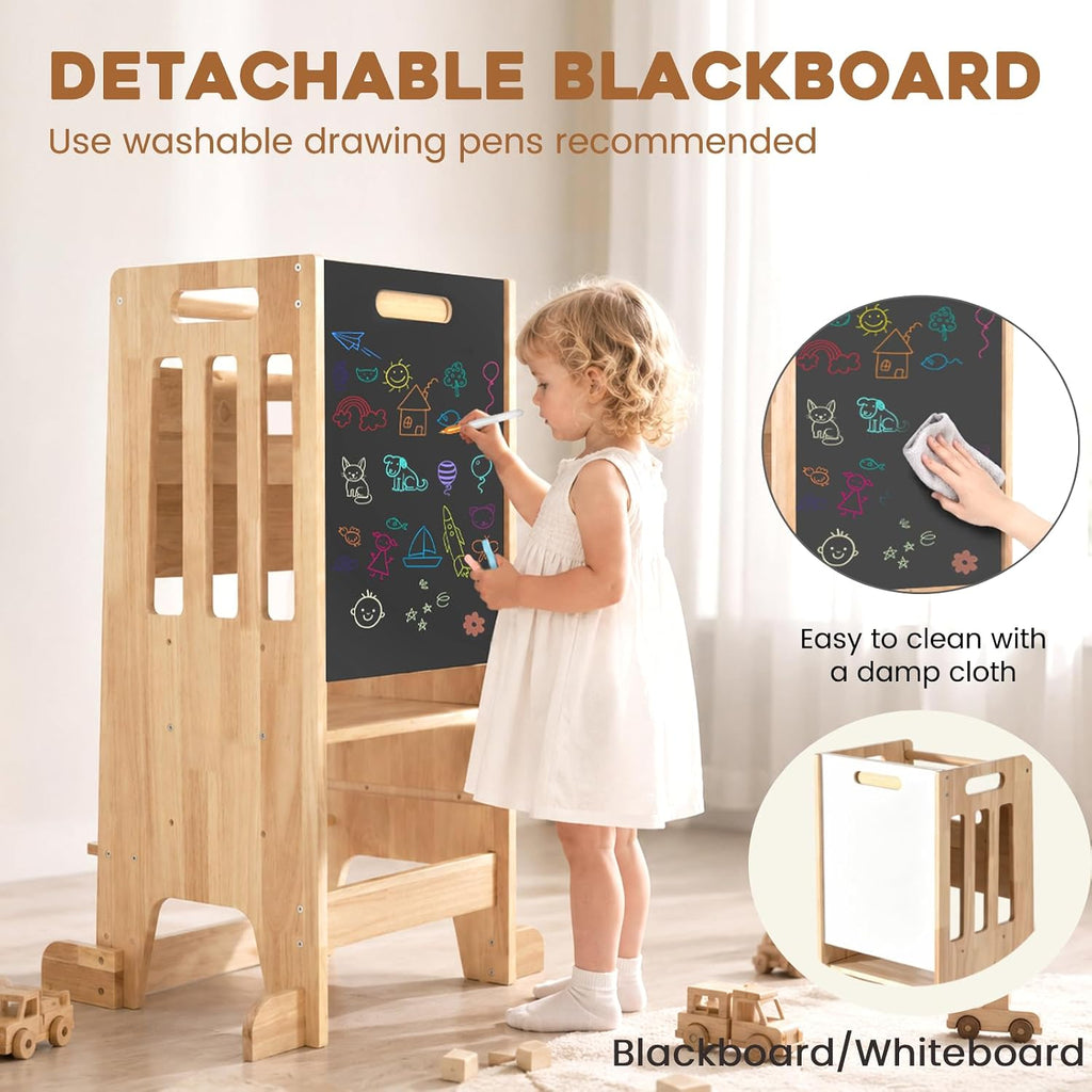 Rubber Wood Montessori Table and Chair,Toddler Tower Set, Wooden Kids Activity Toddler Table and Chair with Adjustable Height, Ideal for Eating, Reading, Drawing, Step Stool (Rubber Wood)