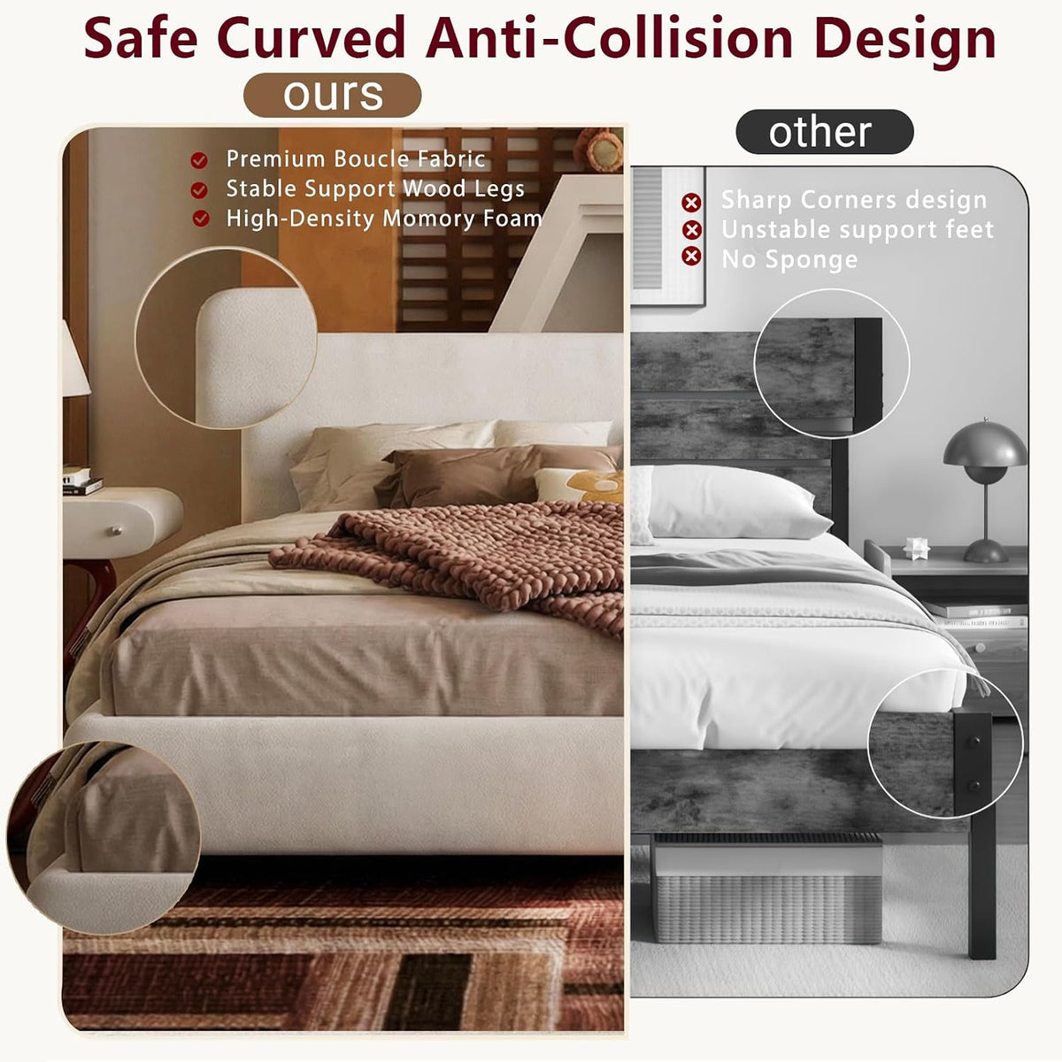Kenhome Queen Size Boucle Cloud Bed Frame, White Upholstered Platform Bed with Soft Headboard, Solid Wood Legs, No Box Spring Required, Easy Assembly (Beige, Queen (U.S. Standard))