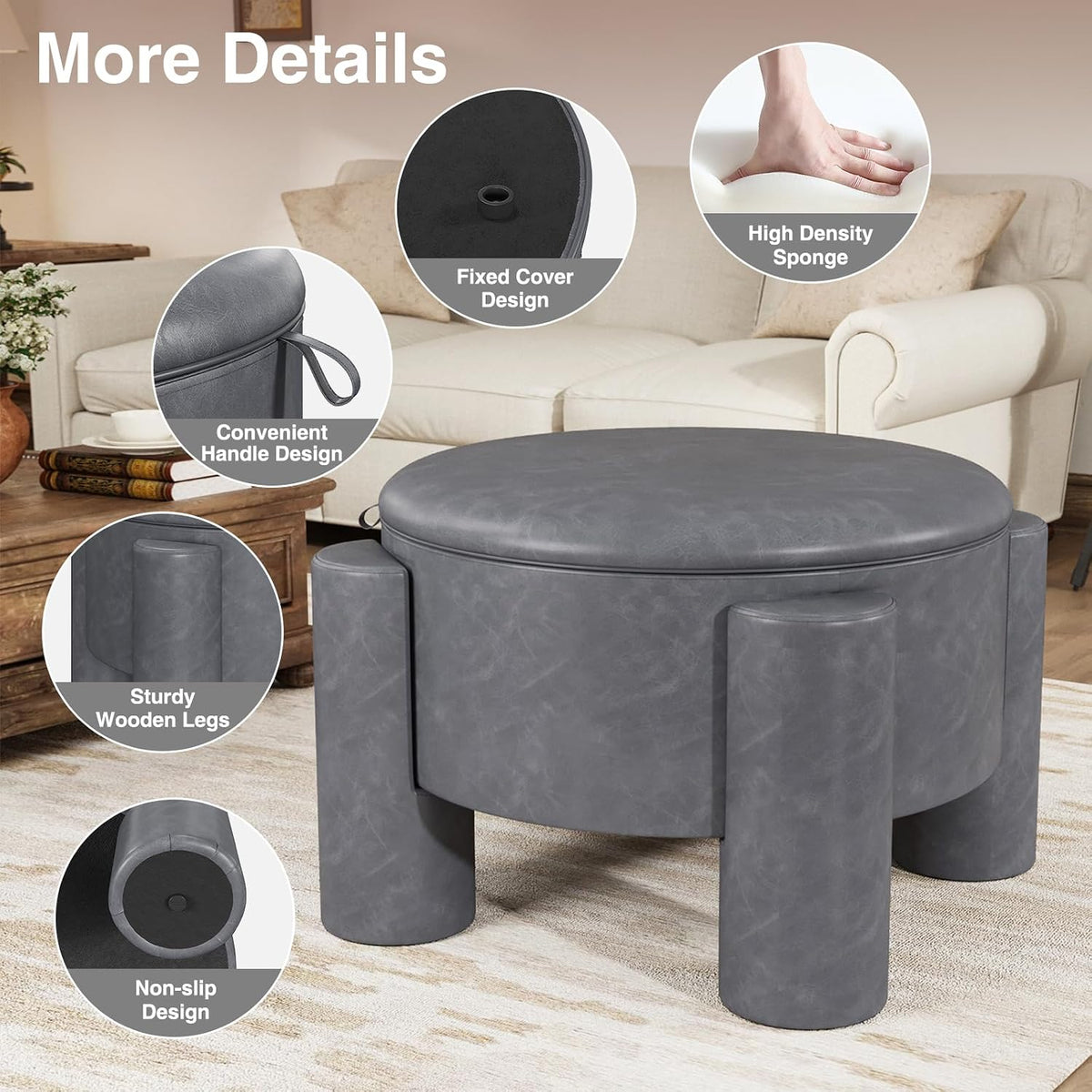 FiveWillowise 24 Inch Round Small Ottoman with Storage,Faux Leather | 24" Coffee Table,Storage Ottomans with Removable Top,Upholstered Vanity Stool for Small Spaces,Living Room,Apartment,Grey