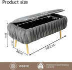 End of Bed Bedroom Storage Bench Upholstered, Hand-Woven Storage Ottoman Bench for Bedroom with Hinged Lid Golden Legs, for Living Room, Entryway Grey