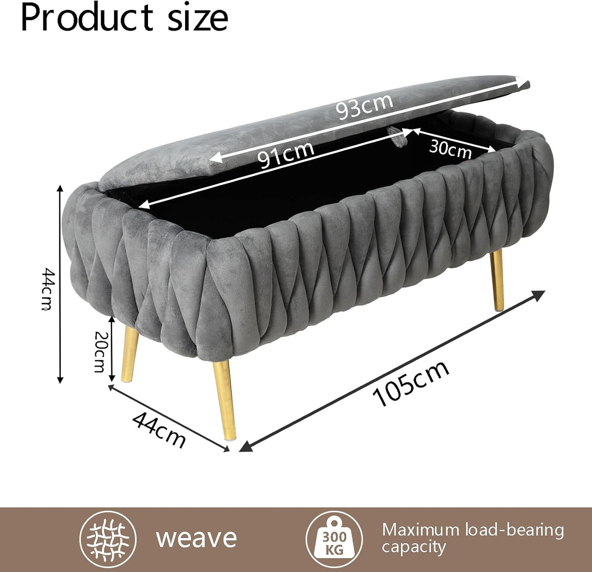 End of Bed Bedroom Storage Bench Upholstered, Hand-Woven Storage Ottoman Bench for Bedroom with Hinged Lid Golden Legs, for Living Room, Entryway Grey