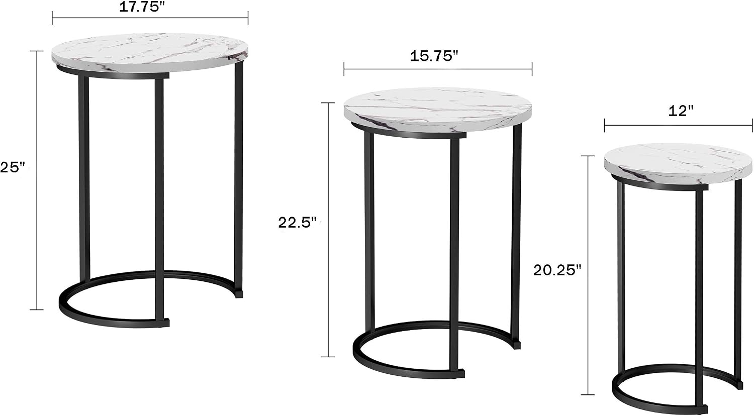 Lavish Home Round Nesting Tables Set of 3, Faux Marble Tabletop, White | 25”H / 22.5”H / 20.25”H Modern Side Tables, Space Saving Accent Table Set, for Living Room, Bedroom, Dorm or Home Office