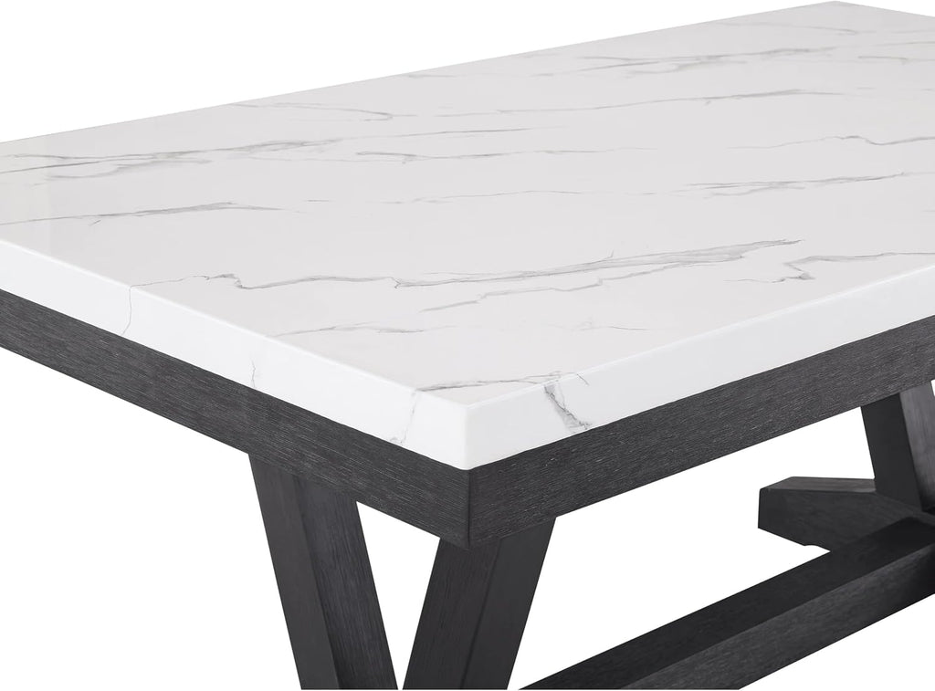 Benzara Vinz Dining Table, 72 Inch White Faux Marble Top, Black Trestle Base
