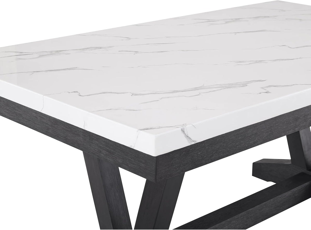 Benzara Vinz Dining Table, 72 Inch White Faux Marble Top, Black Trestle Base