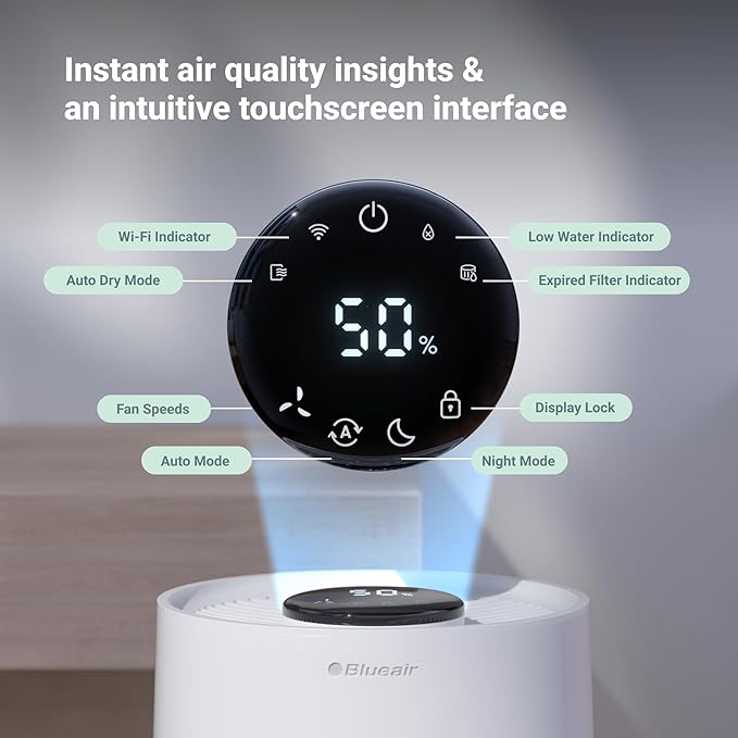 BLUEAIR Premium Smart Humidifier for Large Rooms, Bedrooms, Better Sleep with Evaporative Invisible Mist Tech, Auto Humidify, Easy Top Fill, Smart Control with App, Touchscreen, 3.5L Tank for 48 hours