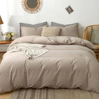 MooMee Bedding Duvet Cover Set 100% Washed Cotton Linen Like Textured Breathable Durable Soft Comfy (Heathered Taupe, Twin 68"x90")