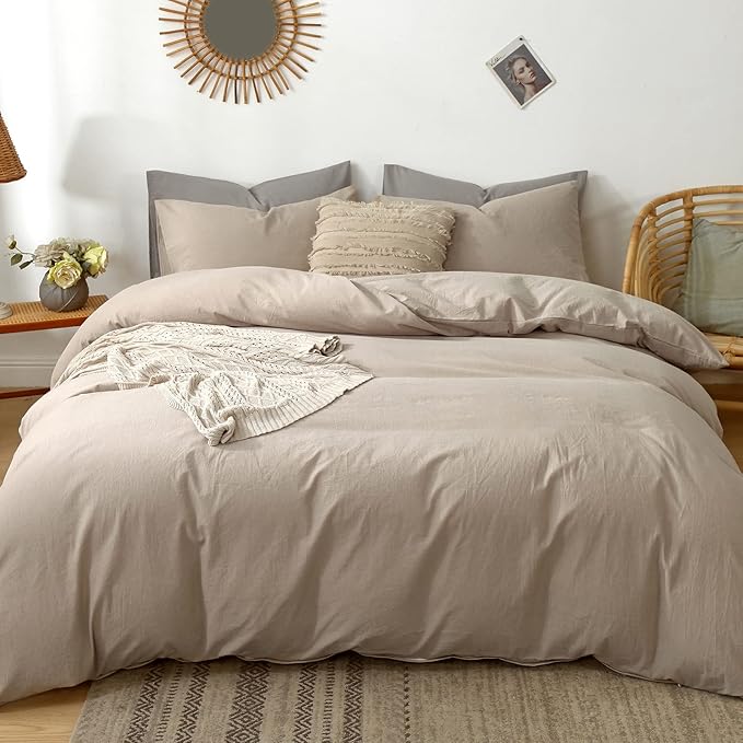 MooMee Bedding Duvet Cover Set 100% Washed Cotton Linen Like Textured Breathable Durable Soft Comfy (Heathered Taupe, Twin 68"x90")