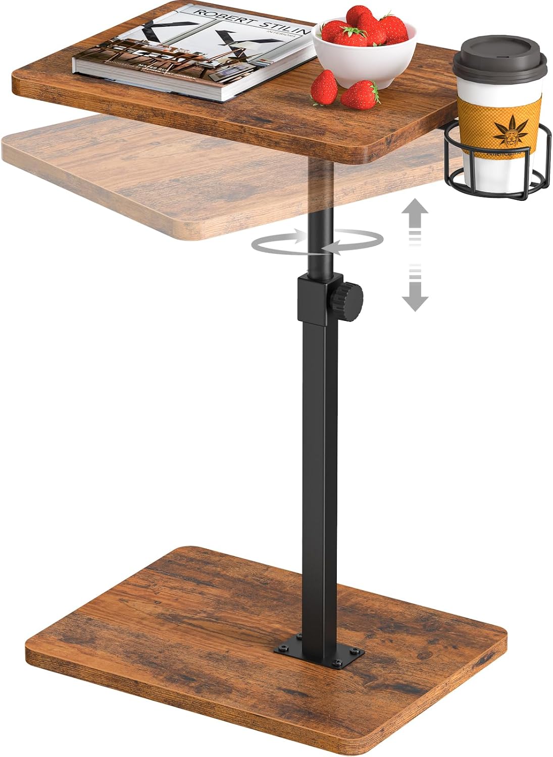Giikin TV Tray Table, 360° Swivel Height Adjustable TV Trays for Eating on Couch,Sofa Armrest Side Table for Small Spaces Sofa Bed Dinner, Rustic Brown