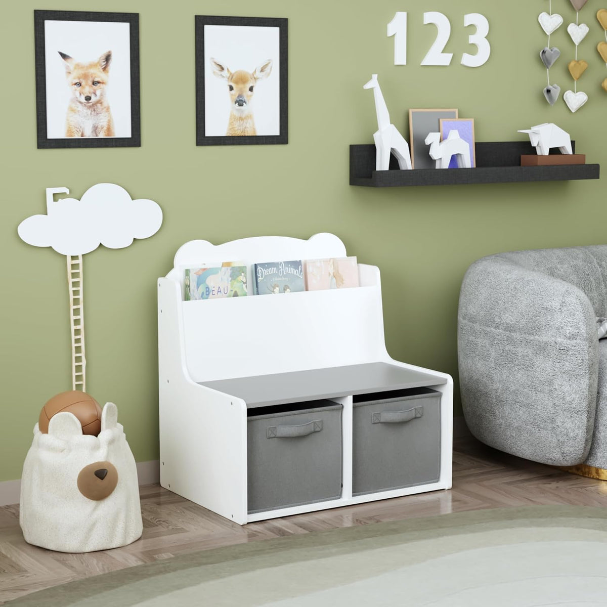 Kids Bookshelf with Chalkboard Side, Bear-Shaped Wooden 3-Tier | Bear-shaped wooden bookcase with 3-tier open shelves and a chalkboard side for drawing; sturdy, kid-safe rounded corners