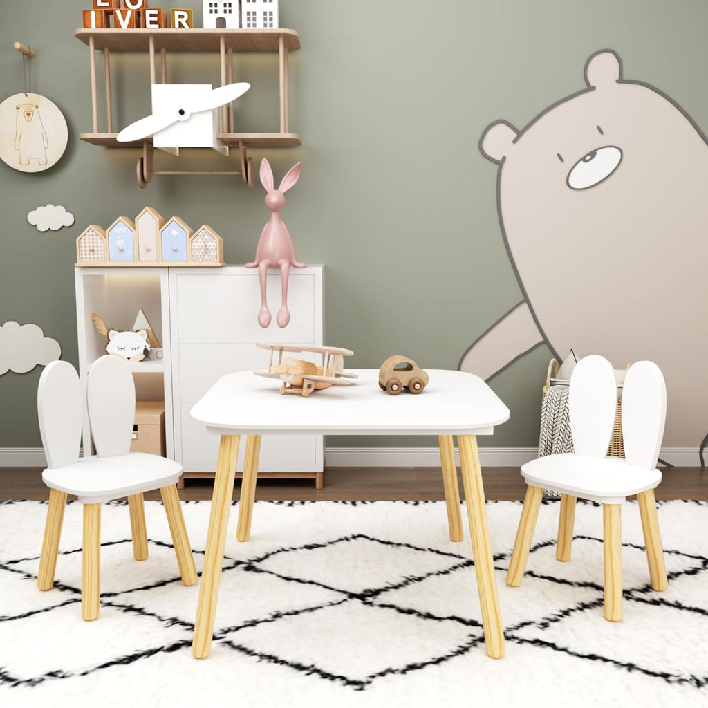 Rabbit Ear Kids Table and Chairs Set for Toddlers - White Wooden Childrens Play Table with 2 Chairs, 23.6 inch Kids Desk with Rounded Corners for Playroom (Solid Wood+MDF, White(Rabbit Ear))