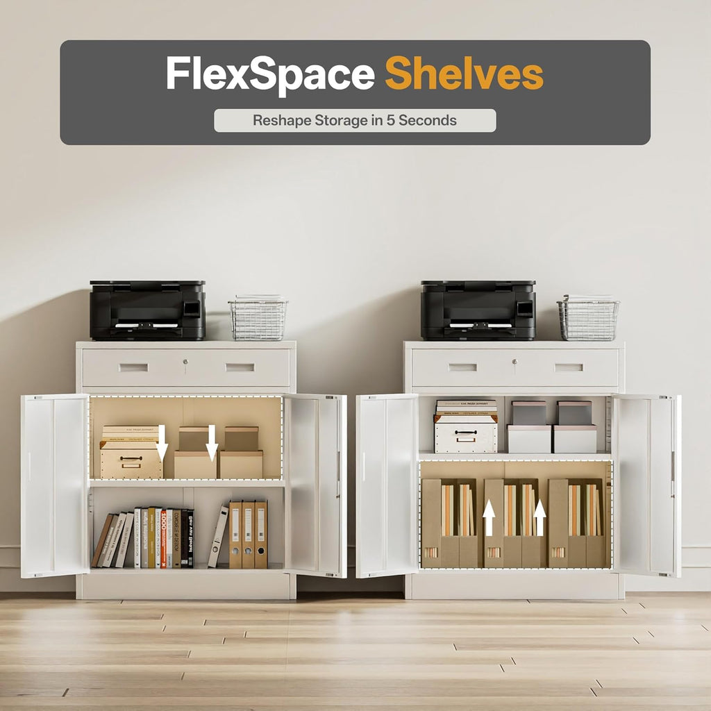 Metal Storage Cabinets with Drawer, 36" H Lockable Storage Cabinet with Doors and Adjustable Shelves, Small White Steel File Cabinet for Home, Office, Warehouse, School, Assembly Required
