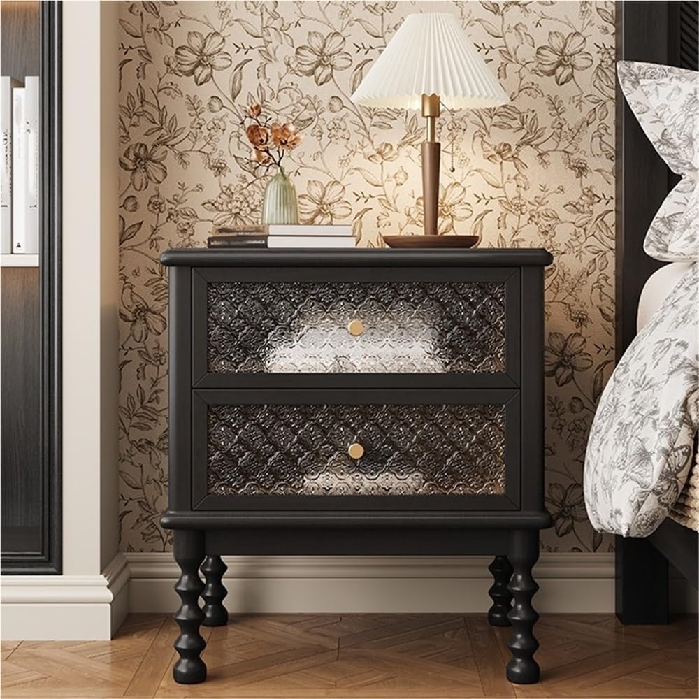 Vintage Wooden Nightstand Antique Bedside Table with 2 Floral Glass Drawers Mid-Century Modern Storage Cabinet End Table (Black)