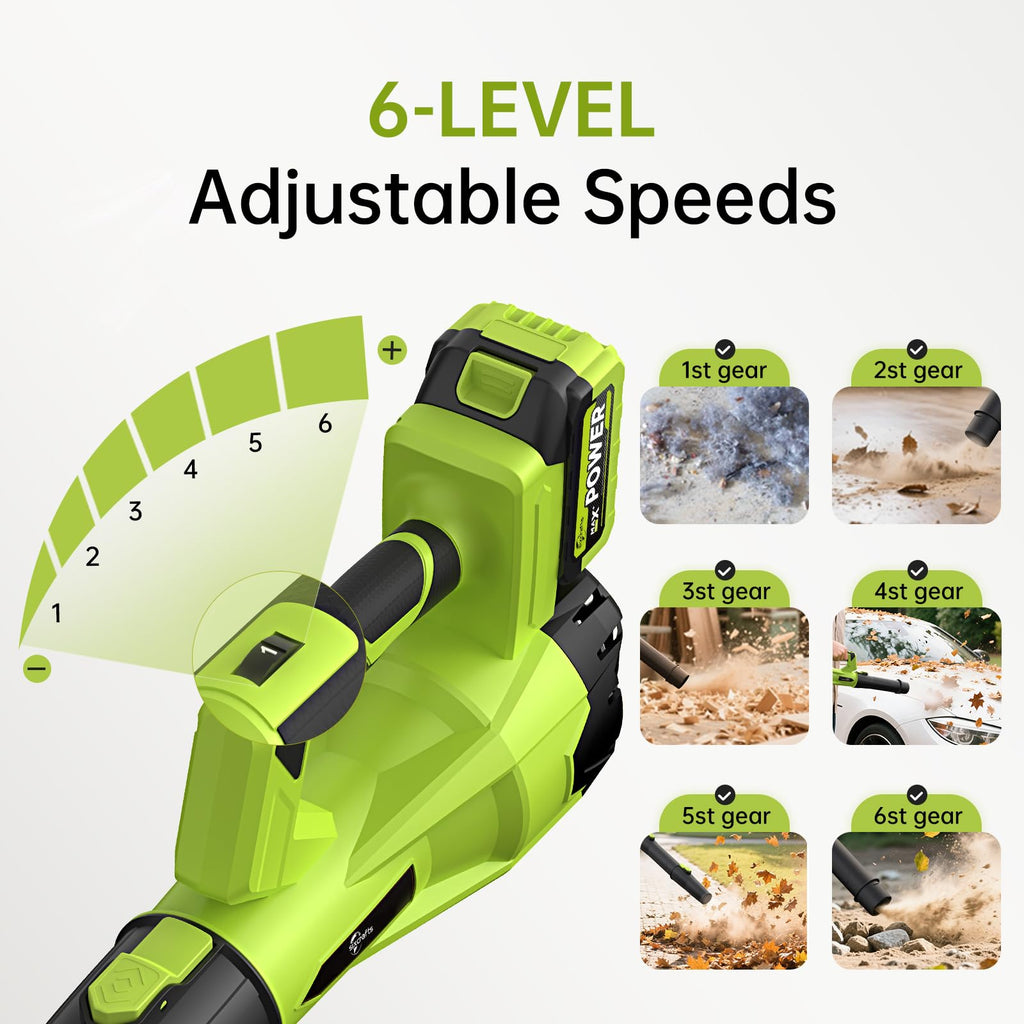Leaf Blower Cordless, Electric Blower with 2×4.0Ah Batteries & Charger, 6-Speed, Powerful Lightweight 21V Blower Kit for Lawn, Patio, Car Drying and Light Snow, Lightweight Handheld
