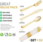 50 Pack Pre Rolled Gold Plastic Silverware Set with Napkins,Disposable Wrapped Heavy Duty Cutlery Set for Wedding Birthday Party-50 Forks,Knives,Spoons,Napkins,Utensils Set,Plasticware Bulk