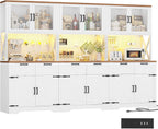 Unikito 94.5" Wide Kitchen Pantry Cabinet with 3 Power Outlets & LED Light, 71" Tall Large Kitchen Hutch with Countertop, DIY Pegboard with 18 Hooks & 6 Drawers, Farmhouse Food Pantry, Rustic White