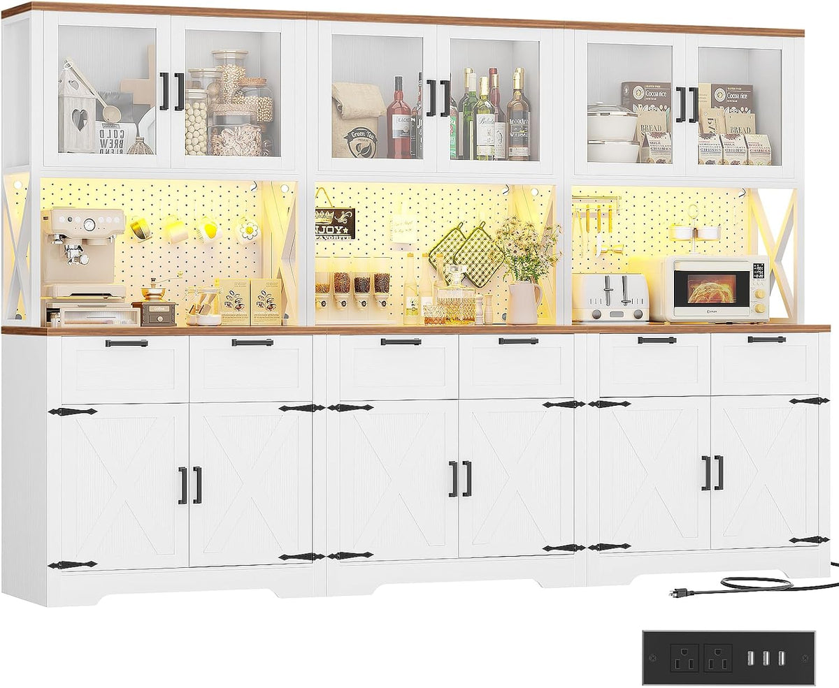 Unikito 94.5" Wide Kitchen Pantry Cabinet with 3 Power Outlets & LED Light, 71" Tall Large Kitchen Hutch with Countertop, DIY Pegboard with 18 Hooks & 6 Drawers, Farmhouse Food Pantry, Rustic White