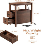 VVFLU Farmhouse End Table with Charging Station and 2 Storage Drawers, Cherry Wood Nightstand Narrow, Skinny Side Table Rustic, Slim Bedside Table, Open Shelf, Small for Bedroom, Living Room, Sofa