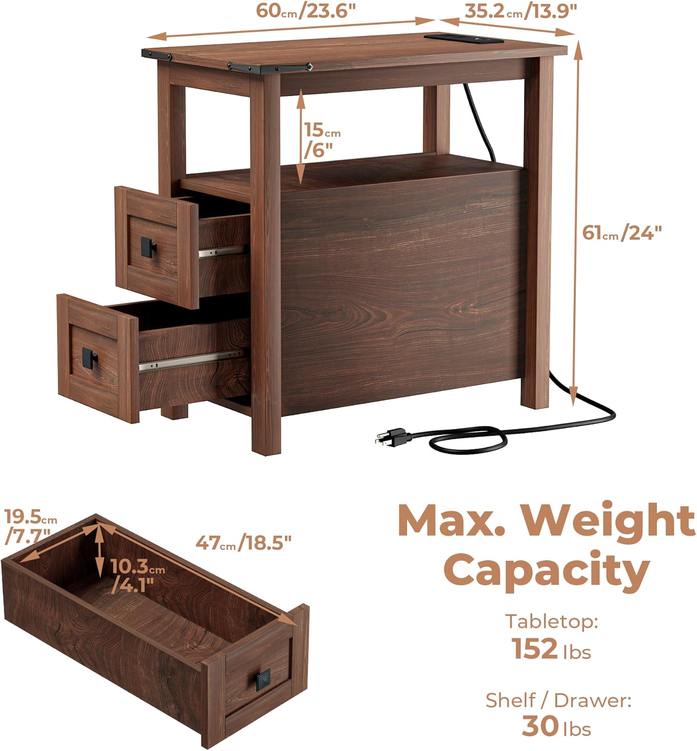 VVFLU Farmhouse End Table with Charging Station and 2 Storage Drawers, Cherry Wood Nightstand Narrow, Skinny Side Table Rustic, Slim Bedside Table, Open Shelf, Small for Bedroom, Living Room, Sofa