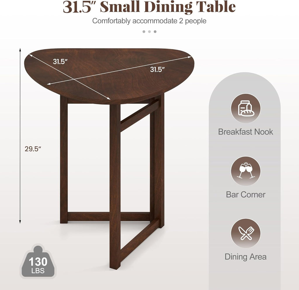 Giantex 31.5" Folding Dining Table for 2-3, Drop Leaf Kitchen Table with Triangular Top & Solid Rubber Wood Frame, Space-Saving Dinner Table for Dinette, Small Space, Restaurant, Walnut