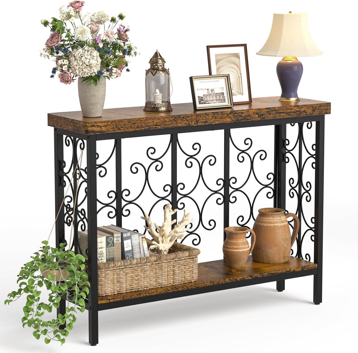 XCSOURCE Console Table, 42.5" Entryway Table with Storage Shelf, Narrow Sofa Table Behind Couch, 2-Tier Hallway Accent Tables for Living Room, Entrance, Foyer, Rustic Brown