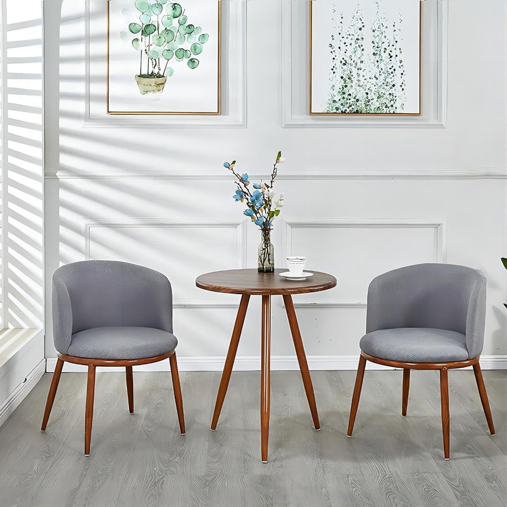Round Dining Table Set, Upholstered Fabric Chairs with Padded Seat for 2, Space-Saving Modern Nordic Furniture with Sturdy Stainless Steel Legs, Easy to Assemble for Home Office (Grey)