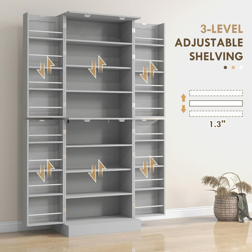 HOMCOM 65" Kitchen Pantry Storage Cabinet 16 Door Shelves Gray | Freestanding Kitchen Cabinet, 4 Doors, 8-Tier Shelving, Adjustable Shelves