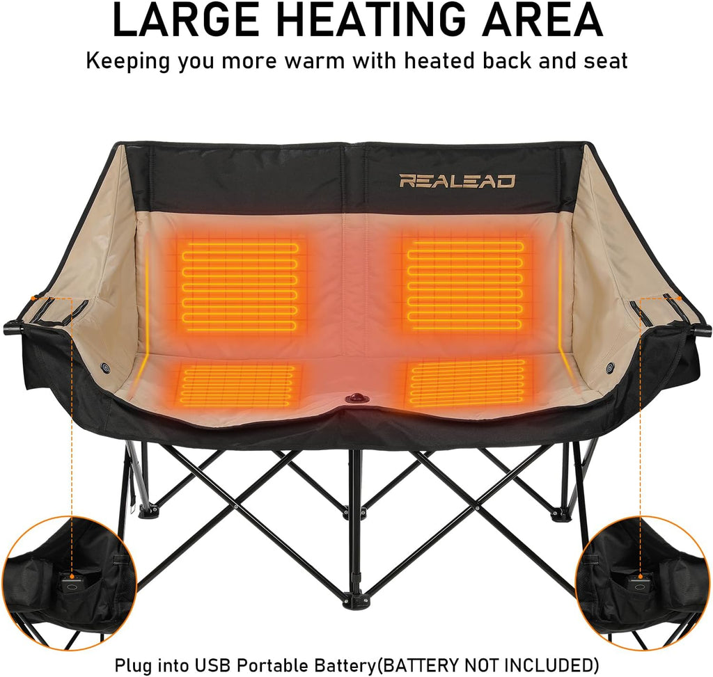 REALEAD Heated Double Camping Chair - Heated Loveseat Camping Chairs for Adults with 3 Heat Levels and 4 Heating Zones - Oversized Heated Chairs Outdoor Sports Supports 650 lbs Battery NOT Included