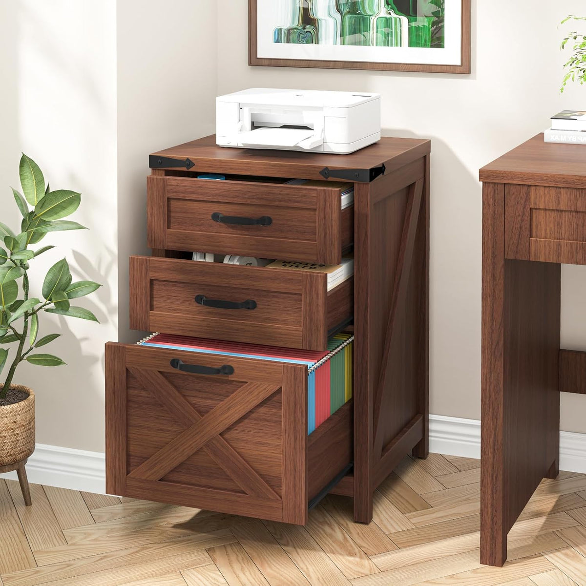 Halitaa Small Farmhouse File Cabinet with 3 Drawers for Home Office, Walnut | Vertical Filing Cabinet Fits Letter and A4 Size, Farmhouse Printer Stand, Under Desk Wooden File Cabinet