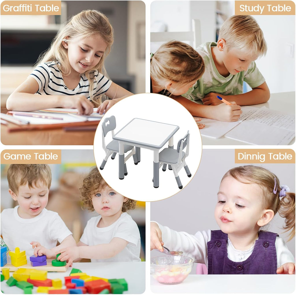 IDEALHOUSE Height Adjustable Kids Table and 2 Chairs Set,Dark Grey | 23.6 Inch Square Tabletop, Non-Slip Leg Pads, Wood Grain Composite Surface, Multi-Activity Use