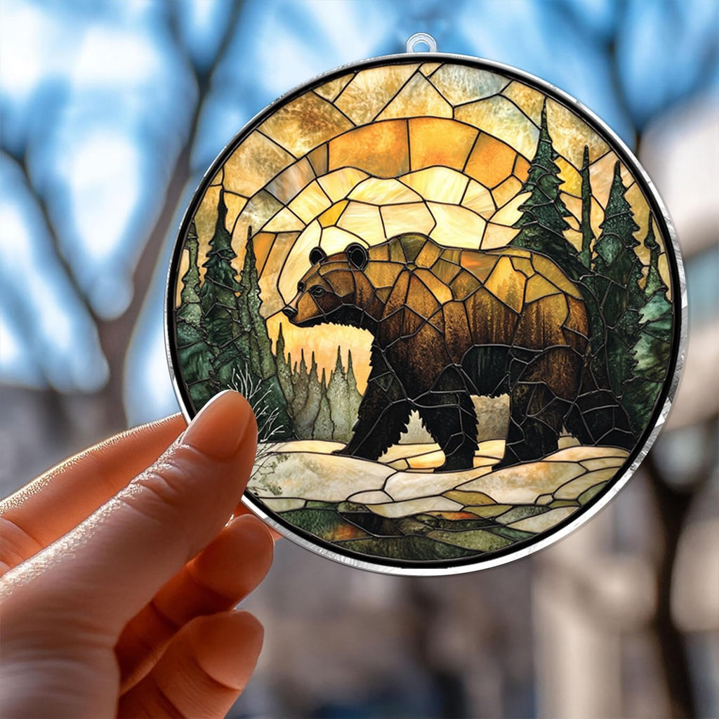 Bear Suncatcher – Grizzly Bear Window Hanging Art for Cabin Decor, Rustic Nature Wildlife Gift for Outdoors Lovers – Forest Animal Window Ornamen, Nature Lover Gift for Outdoors Enthusiastst (Sun-29)